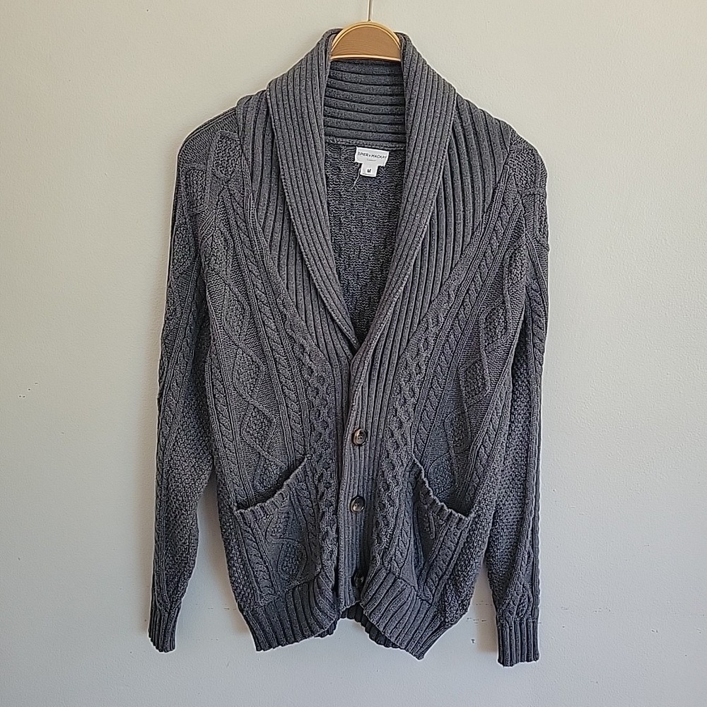 Spier Mackay Cable Knit Cardigan Medium Gray Shawl Collar Button Front Grandpa